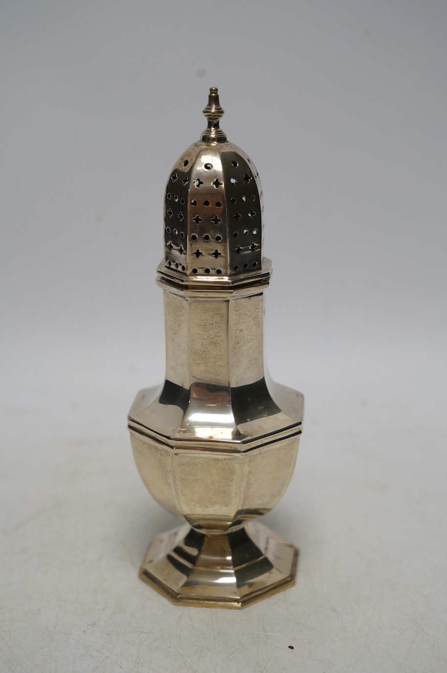 An Elizabeth II silver octagonal sugar caster, Viners Ltd, Sheffield, 1959, 18cm, 5.6oz. Condition - fair to good.